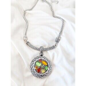 Chunky Silver Tone Multi Color Stones Pendant Dragon Scale on Chain Green Orange